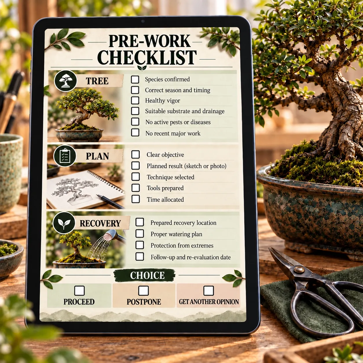 English pre-work checklist beside bonsai tools