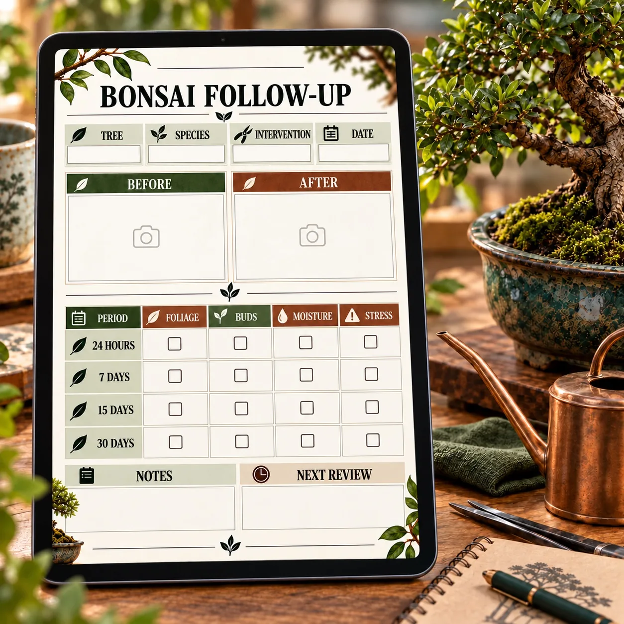 English bonsai follow-up sheet beside a tree