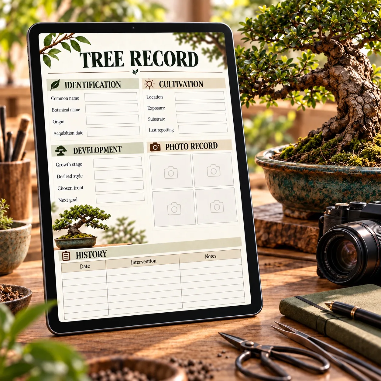 English bonsai tree record shown beside a bonsai