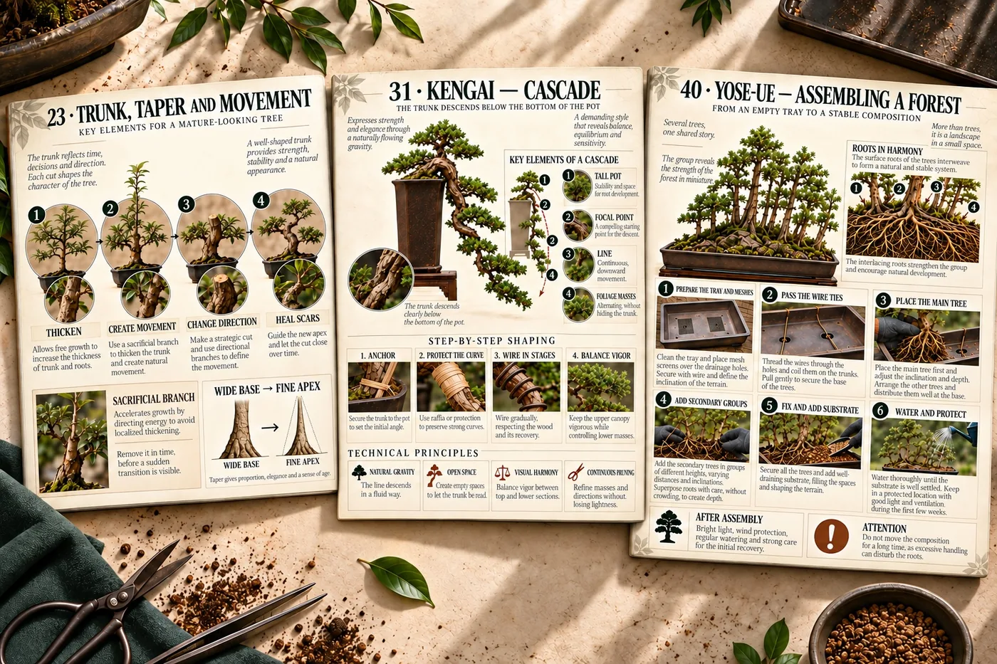 English visual pages showing bonsai trunk, cascade style and forest composition