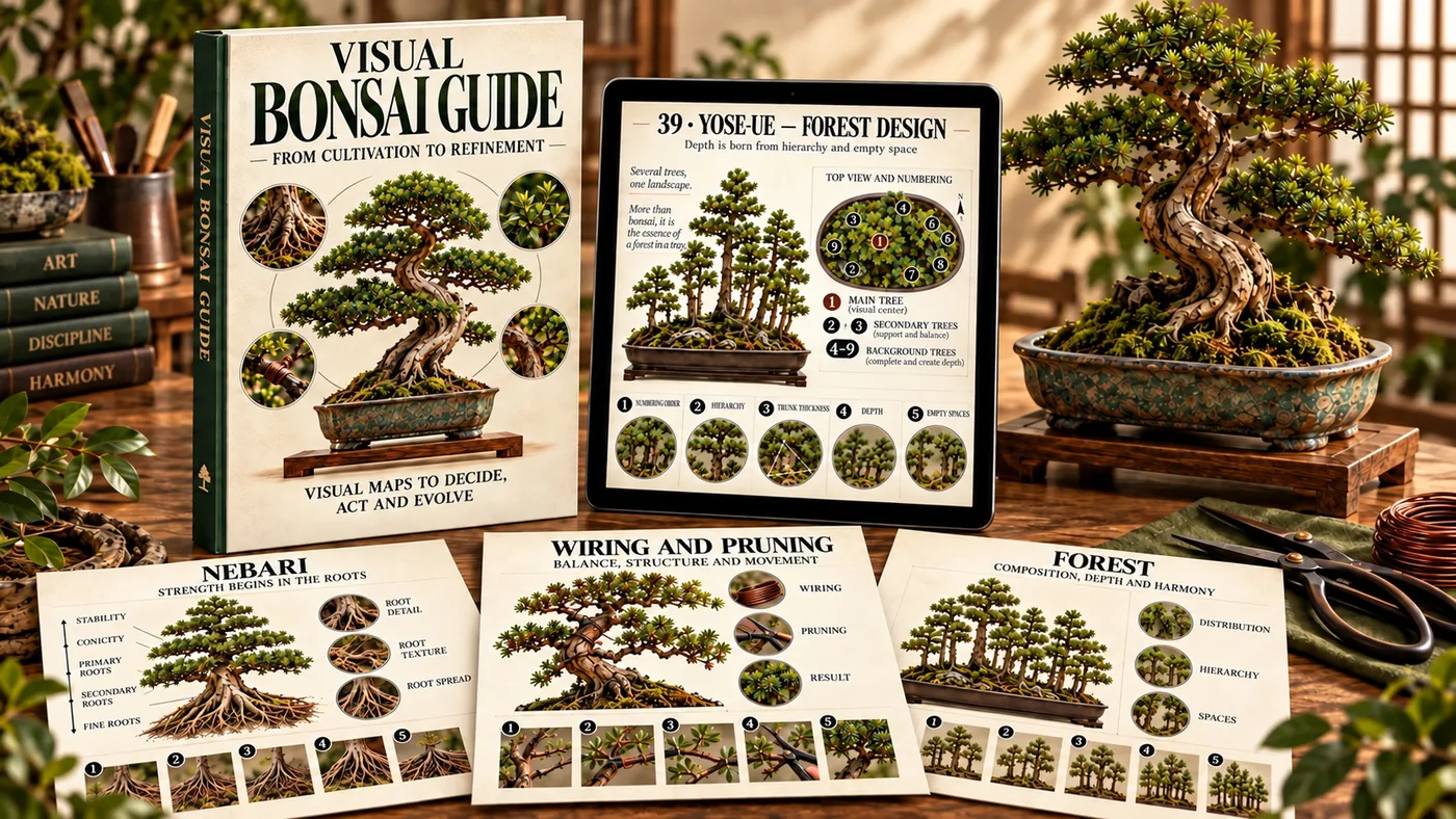 English Visual Bonsai Guide shown on a book and tablet beside a bonsai