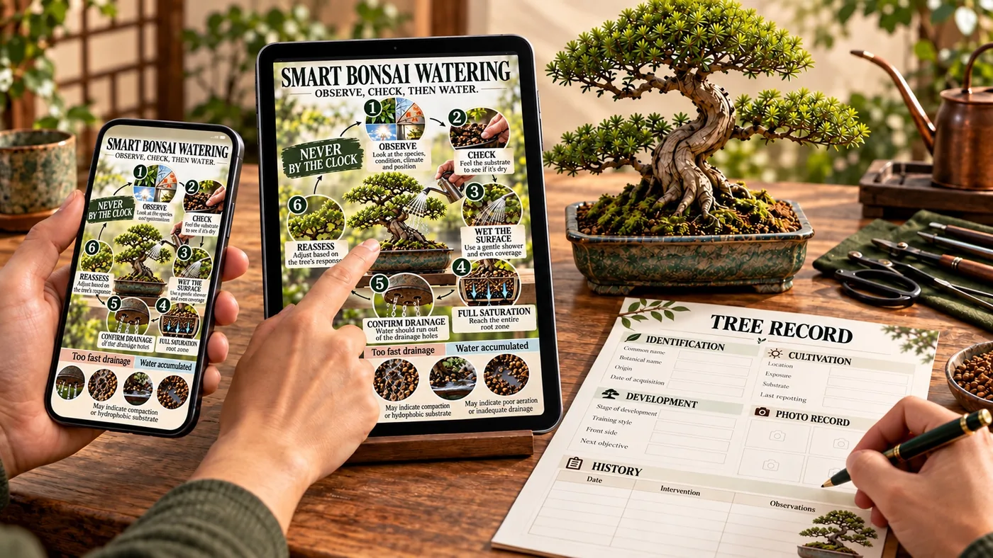 Three uses of the English guide: open the PDF, consult the visual map beside a bonsai, then record the work