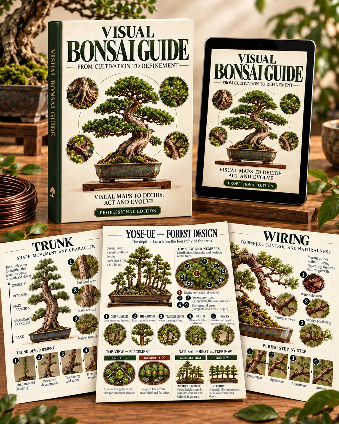 English Visual Bonsai Guide on book and tablet with sample visual maps