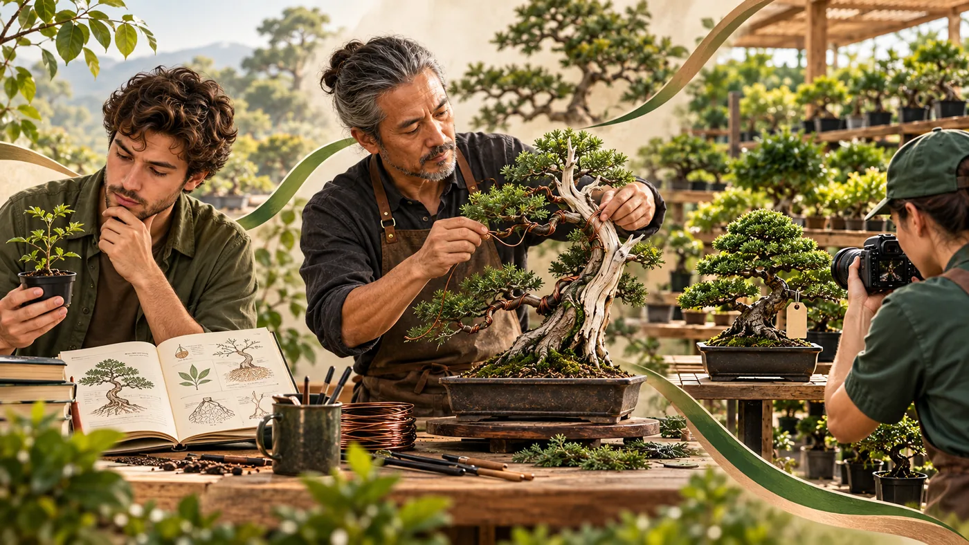Beginner examining a young plant, experienced grower wiring a bonsai, and seller photographing a tree